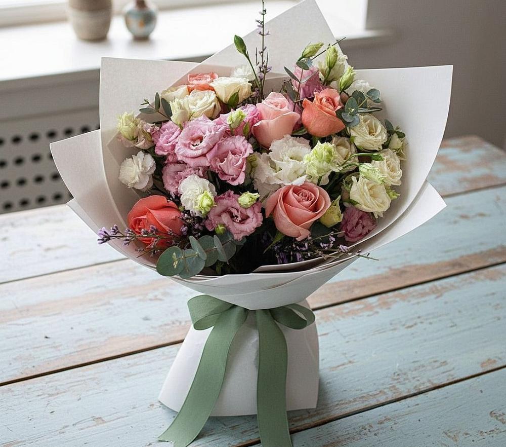 Букет цветов из: Розы, Лизиантусы и Гвоздики в Сергиевск