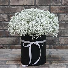 Цветочная композиция из Гипсофила в шляпной коробке в Сергиевск